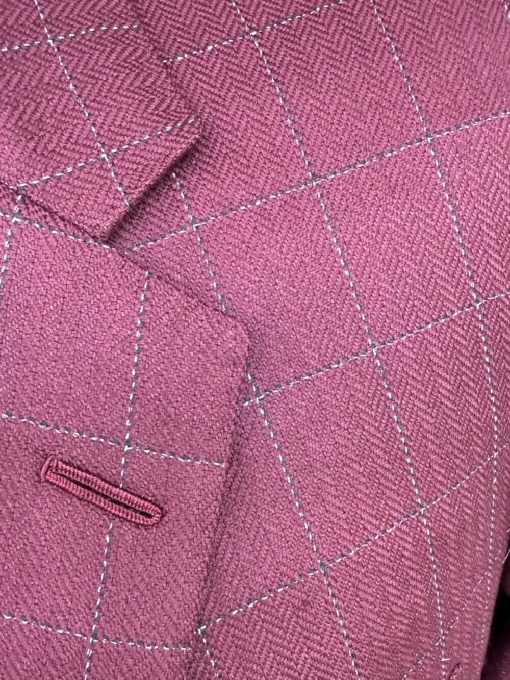 Vintage Bespoke Burgundy Windowpane Wool Sport Coat Blazer Men's 46R Hand Tailor